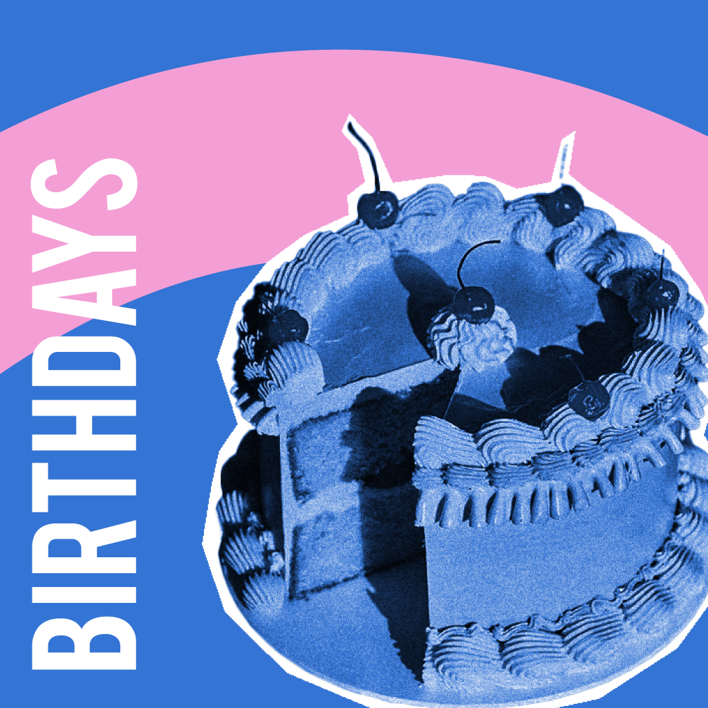 Blue square image with birthday cake and the title Birthdays