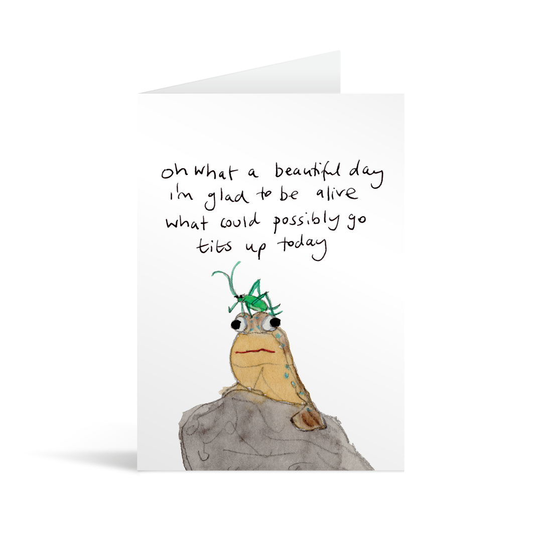 A white rectangular card with a cute hand illustrated mudskipper with a cricket on his head and funny text saying "oh what a beautiful day I'm glad to be alive what could possibly go tits up today"