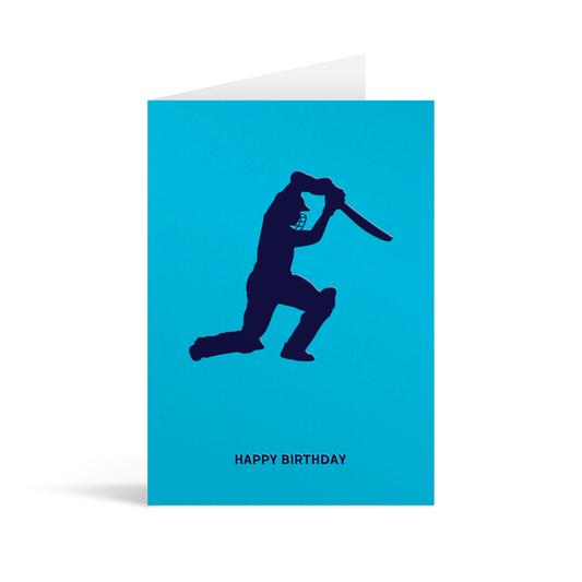 Pale blue card with navy sillhouette of an cricketer above text that reads Happy Birthday