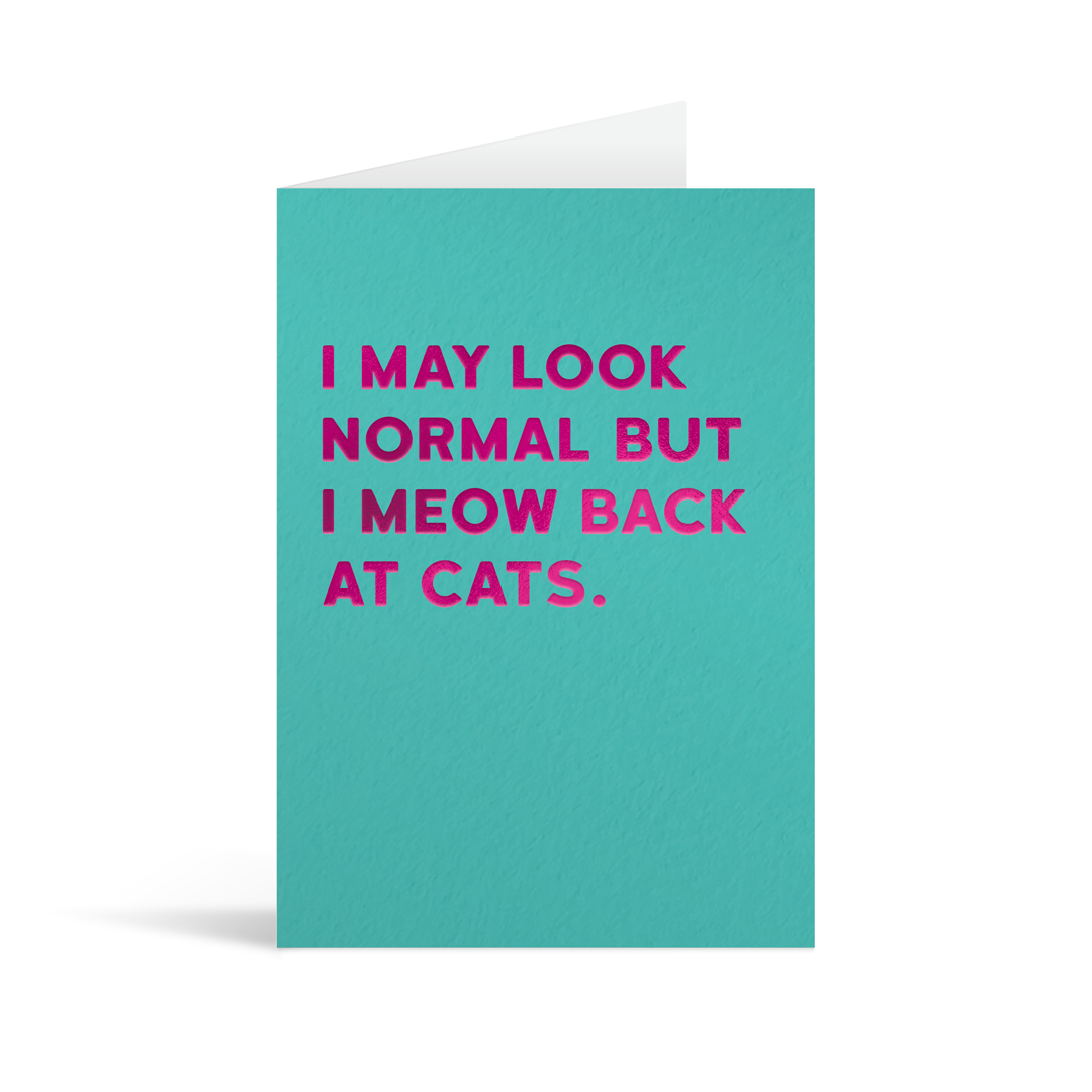 Teal card with fuscia foiled text reading "I may look normal but I meow back at cats".