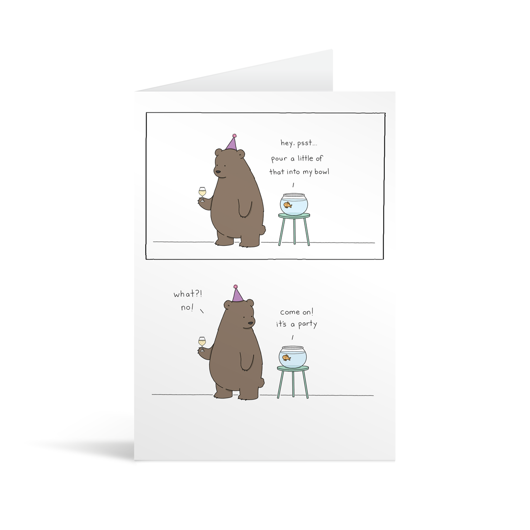 White rectangular card with cartoon drawing of a bear refusing to feed his glass of wine to a fish in a goldfish bowl. Bright yellow envelope in the background