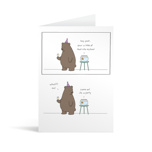 White rectangular card with cartoon drawing of a bear refusing to feed his glass of wine to a fish in a goldfish bowl. Bright yellow envelope in the background