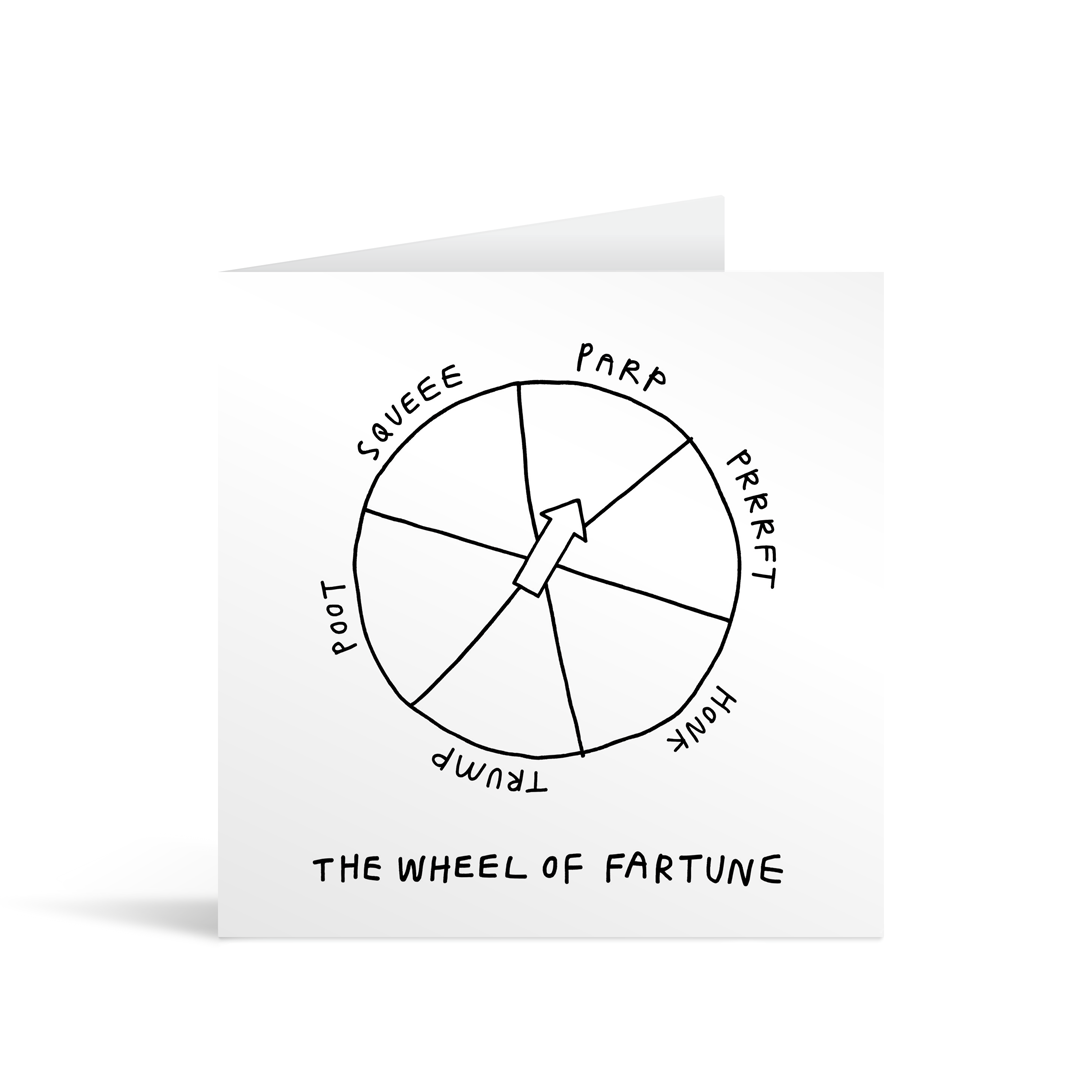 A white square comic style card with a funny drawing of a choice making wheel, captioned the wheel of fartune