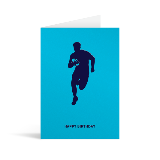 Pale blue card with navy sillhouette of a male rugby player above text that reads Happy Birthday