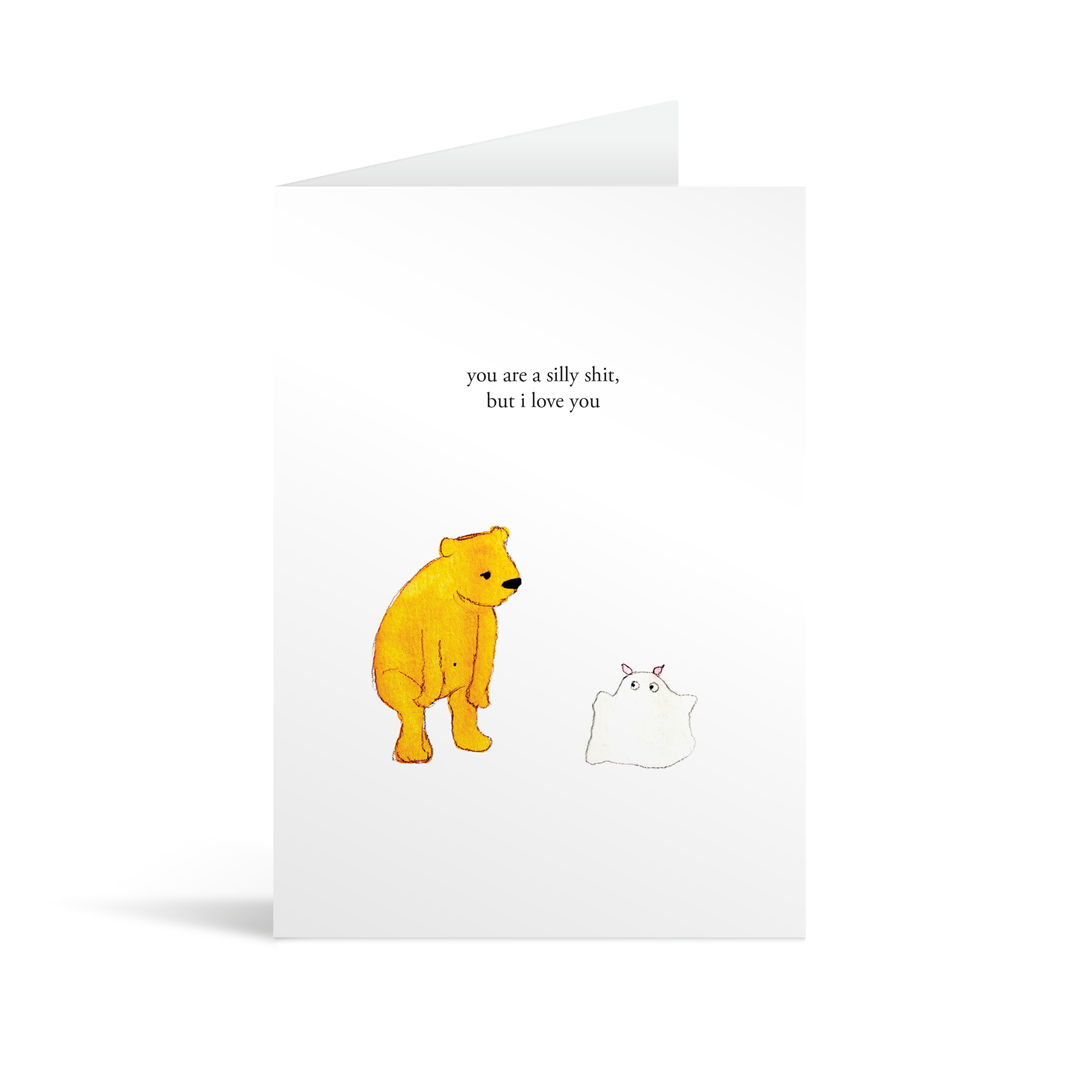 A white rectangular card with and funny text saying "'The shitshow must go on!"