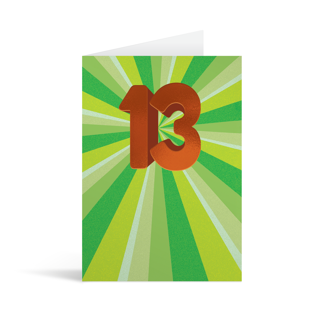 Expanding rays of varying shades of green with a central large bronze foiled number 13