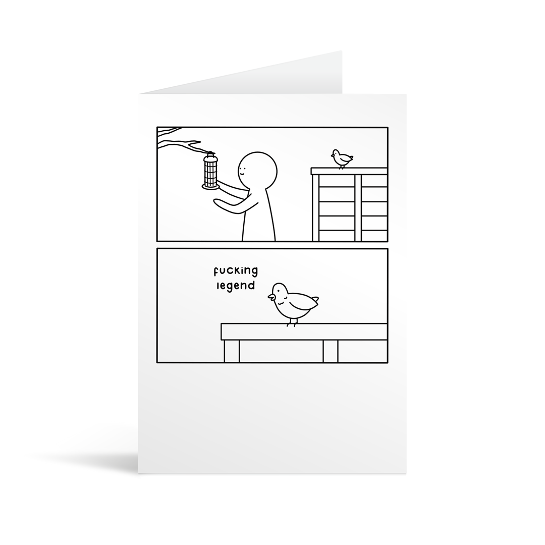 White greetings card with a 2 panel cartoon showing a bird calling the person filling the bird feeder a "fucking legend"