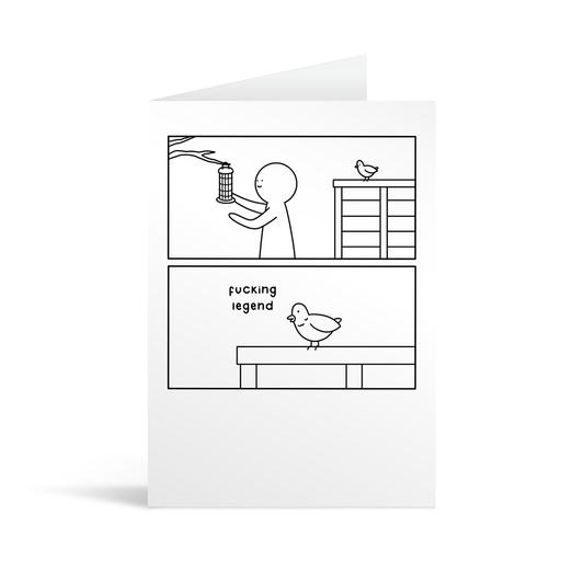 White greetings card with a 2 panel cartoon showing a bird calling the person filling the bird feeder a "fucking legend"