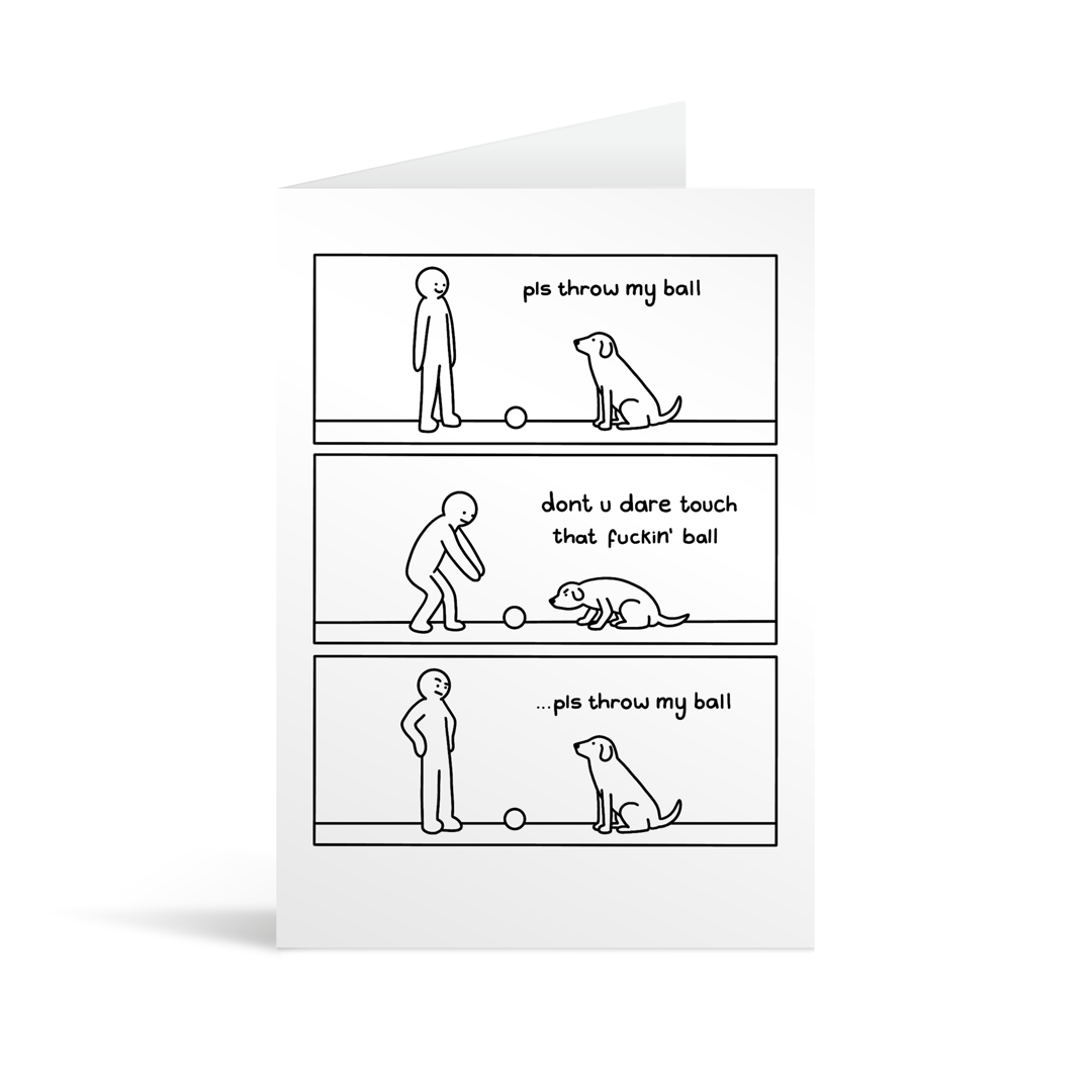 A rectangular white card with a cartoon illustration depicting a man throwing a ball for his dog and a humorous interaction. Lime green envelope in the background.