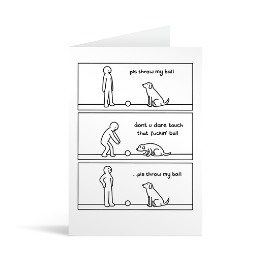 A rectangular white card with a cartoon illustration depicting a man throwing a ball for his dog and a humorous interaction. Lime green envelope in the background.