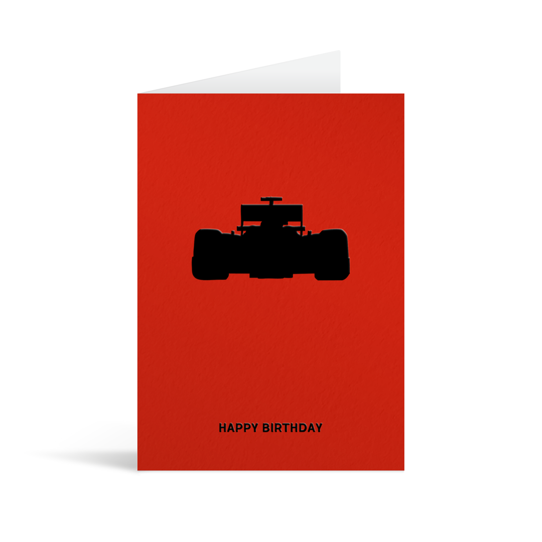 Red card with  black sillhouette of a F1 racing car above text that reads Happy Birthday