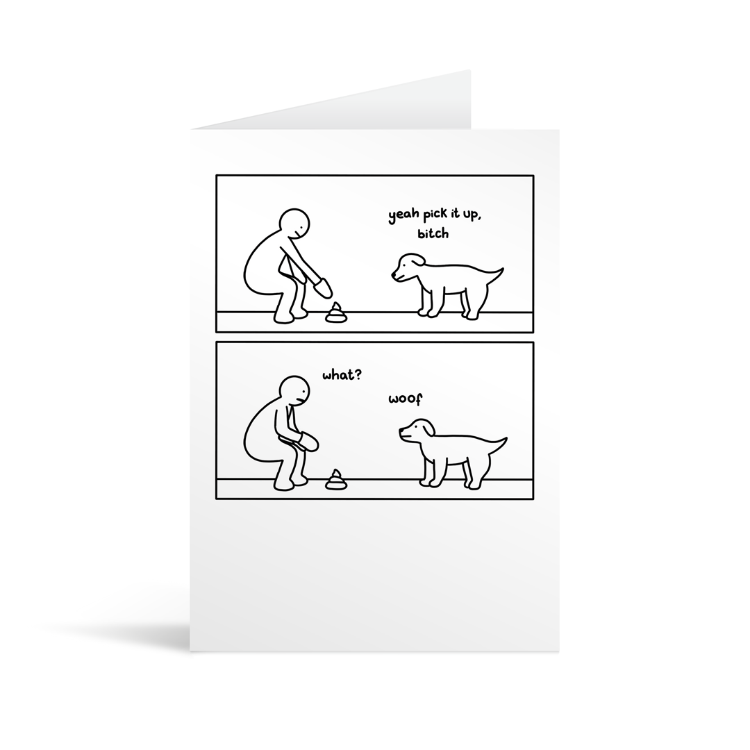 A rectangular white card with a cartoon illustration depicting a man picking up his dog's poo and a humorous interaction. Lime green envelope in the background.