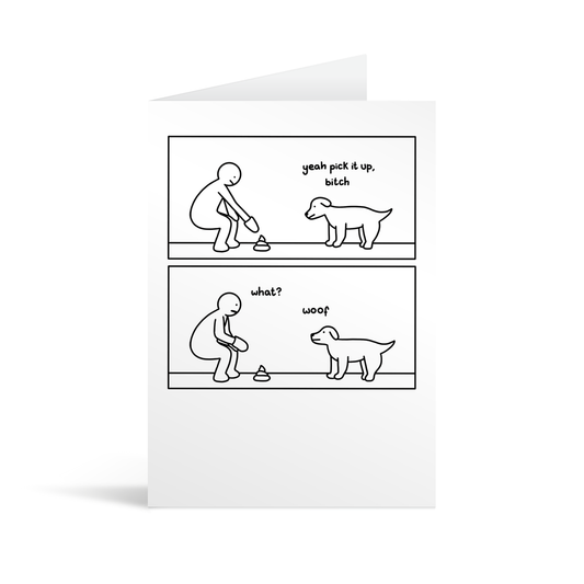 A rectangular white card with a cartoon illustration depicting a man picking up his dog's poo and a humorous interaction. Lime green envelope in the background.