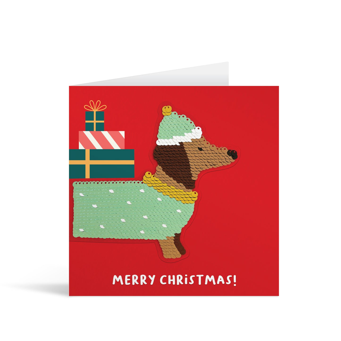 Red square greetings card with colourful reversible sequin sausage dog patch and fun, free-flowing text that reads "Merry Christmas!"