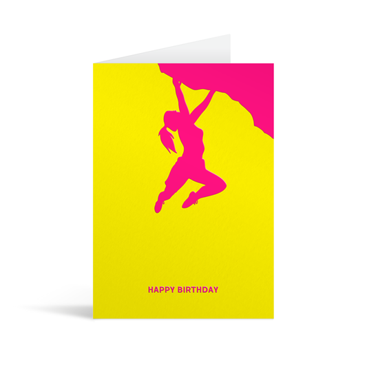 Yellow card with neon pink sillhouette of a girl climbing an overhang above text that reads Happy Birthday