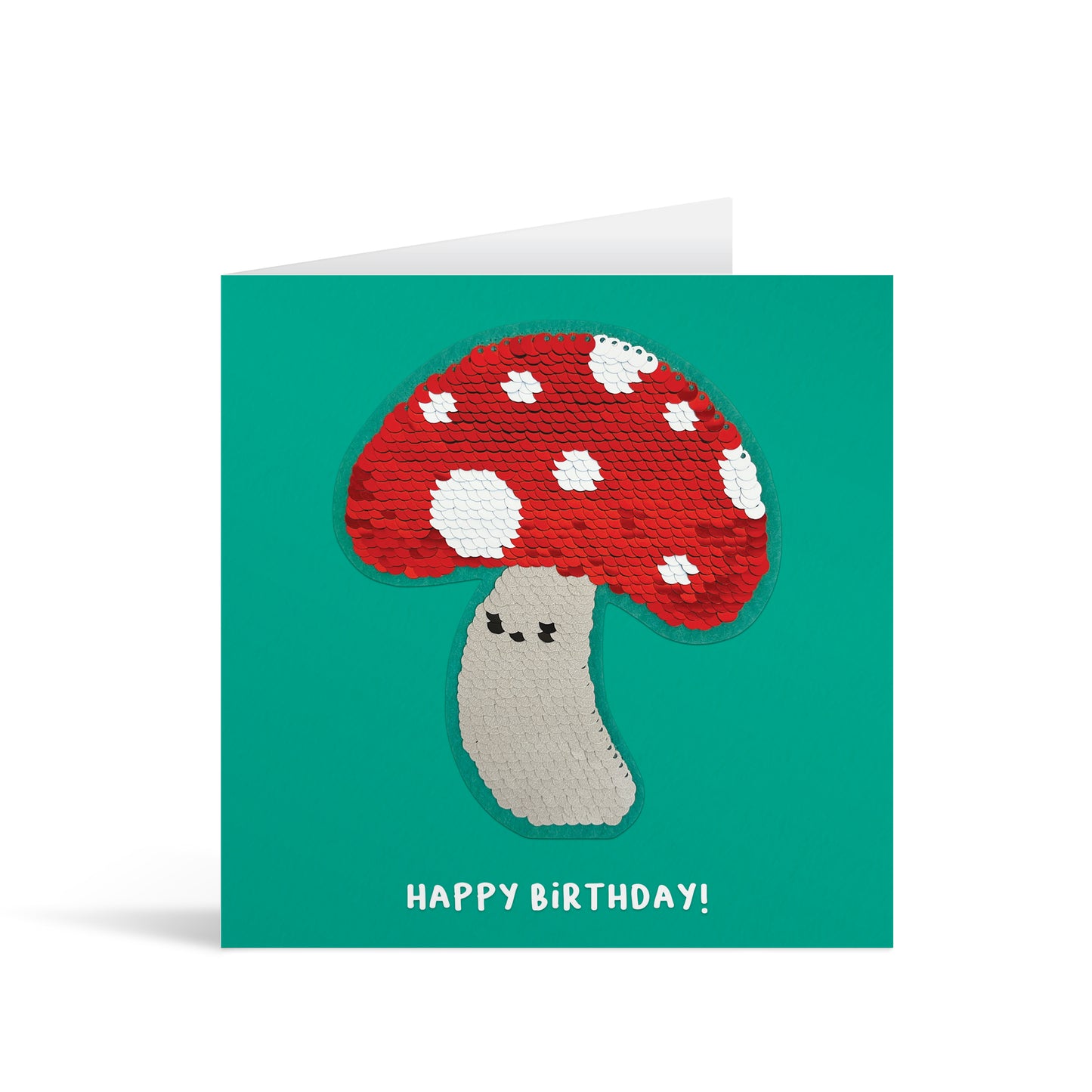 Turquoise square greetings card with colourful reversible sequin toadstool patch and fun, free-flowing text that reads "Happy Birthday!"