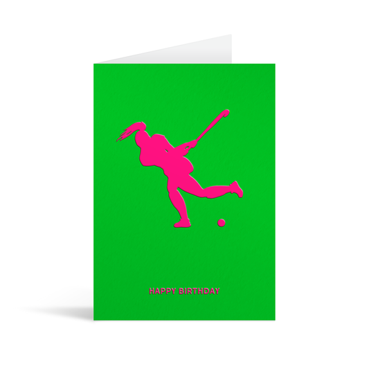 Bright green card with neon pink sillhouette of a hockey player above text that reads Happy Birthday