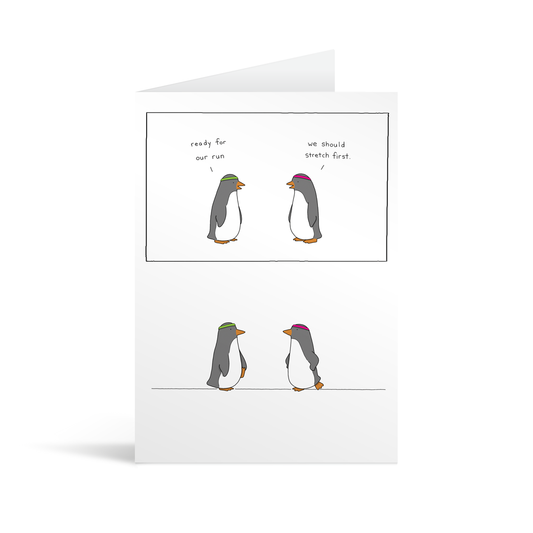 White rectangular card showing cartoons of penguins stretching pre-run. Bright yello envelope in the background.