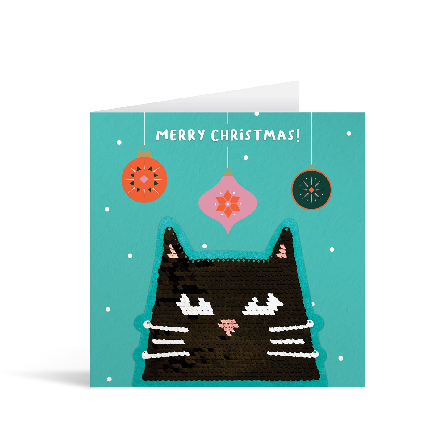 Turquoise square greetings card with colourful reversible sequin cat and baubles patch and fun, free-flowing text that reads "Merry Christmas!"