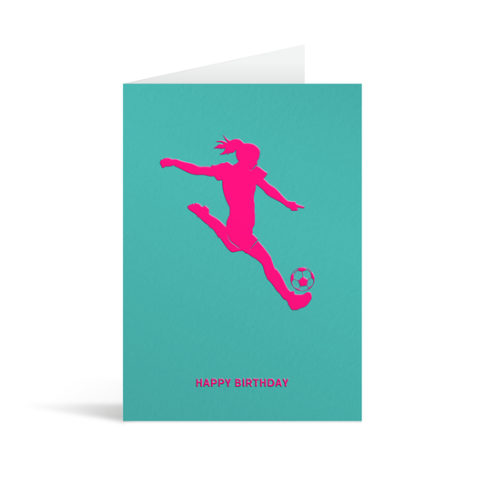 Teal card with neon pink sillhouette of a female footballer above text that reads Happy Birthday