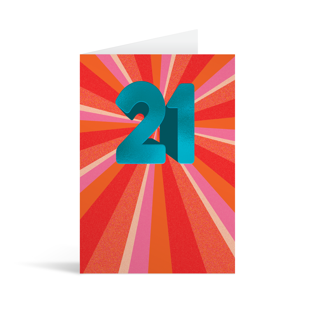 Expanding rays of varying shades of red and pink with a central large teal foiled number 21