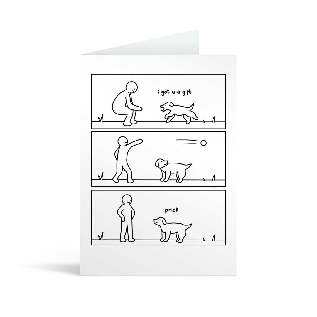 A rectangular white card with a cartoon illustration depicting a man throwing a ball for his dog and a humorous interaction. Lime green envelope in the background.