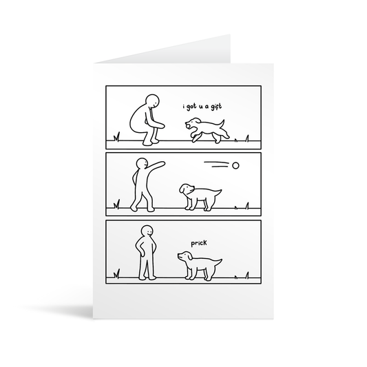 A rectangular white card with a cartoon illustration depicting a man throwing a ball for his dog and a humorous interaction. Lime green envelope in the background.