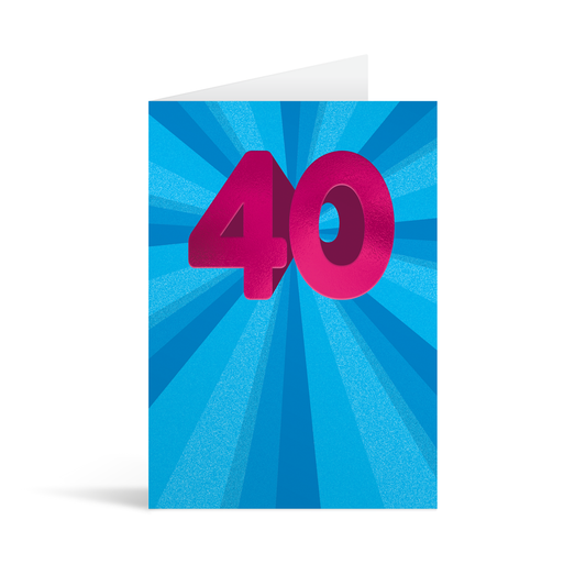 Expanding rays of varying shades of blue with a central large fuscia foiled number 40