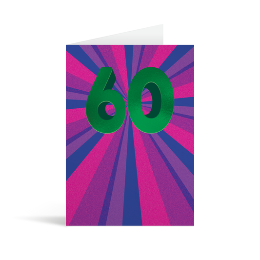 Expanding rays of varying shades of pink, purple and blue with a central large green foiled number 60