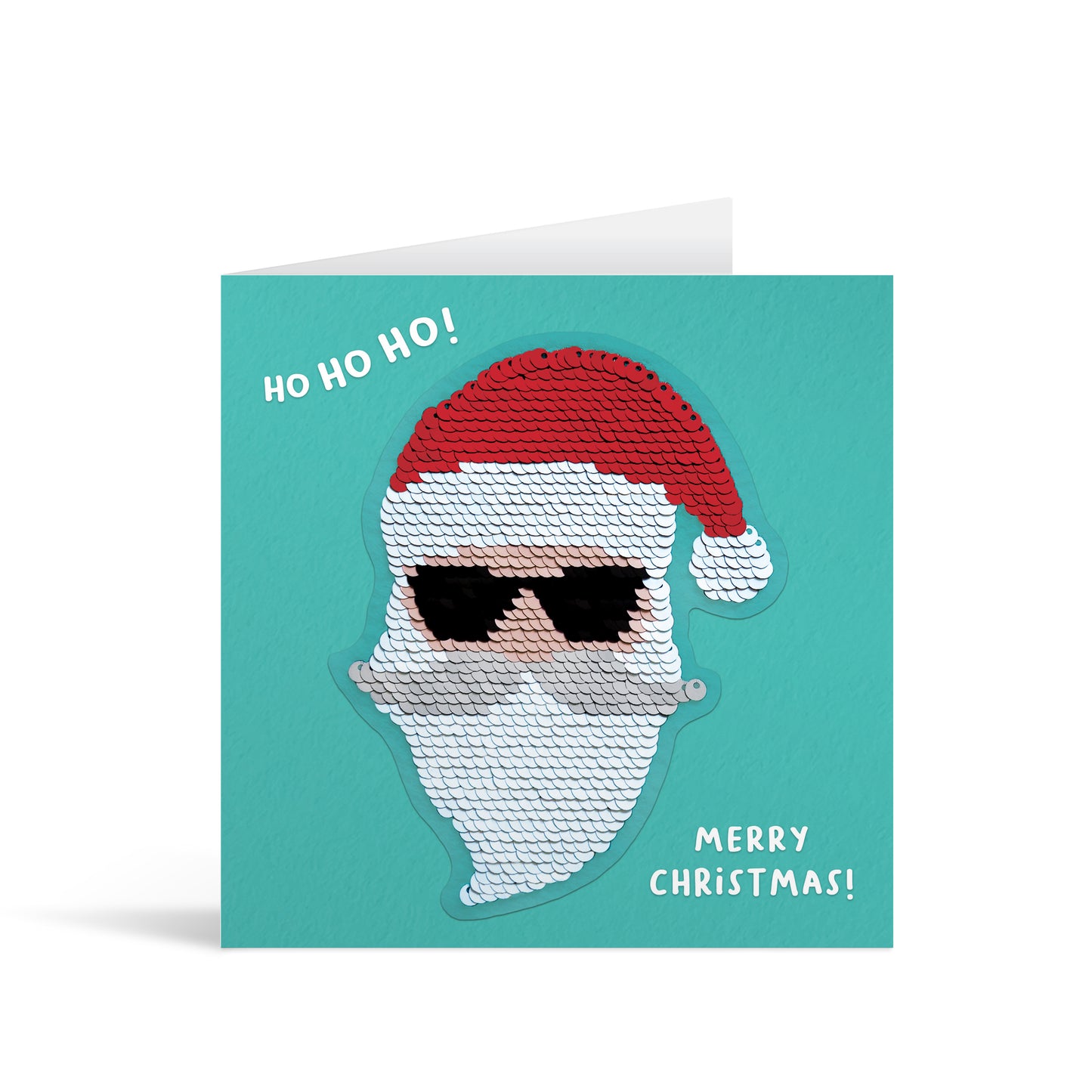 Blue square greetings card with shiny reversible sequin santa patch and fun, free-flowing text that reads "Ho Ho Ho! Merry Christmas!"