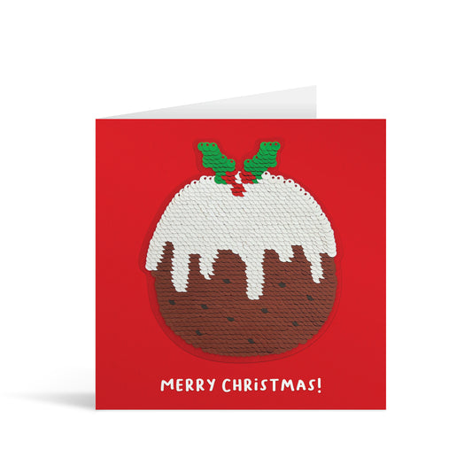 Red square greetings card with colourful reversible sequin Christmas Pudding patch and fun, free-flowing text that reads "Merry Christmas!"