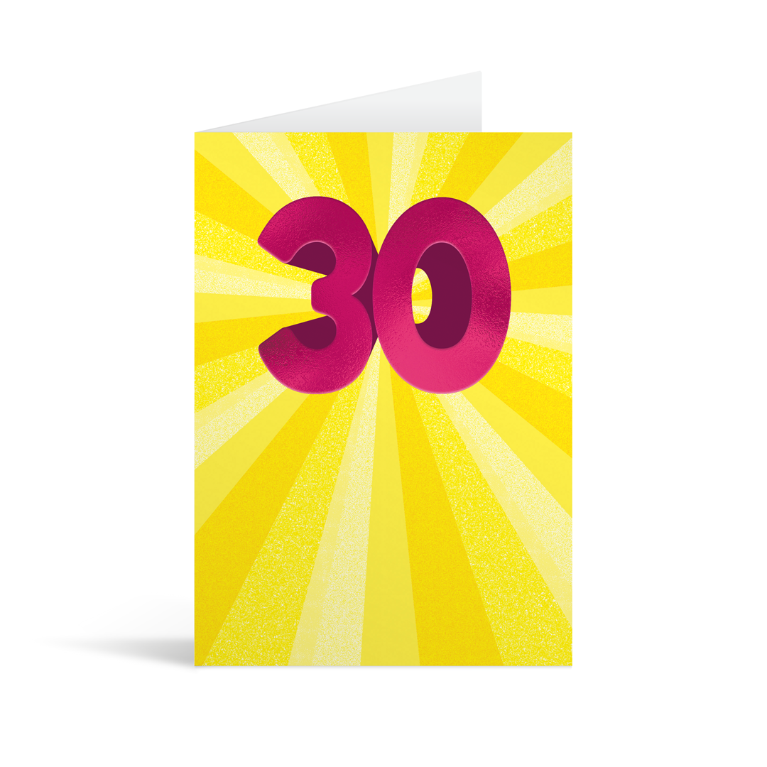 Expanding rays of varying shades of yellow with a central large pink foiled number 30