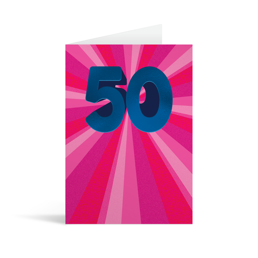 Expanding rays of varying shades of pink with a central large blue foiled number 50