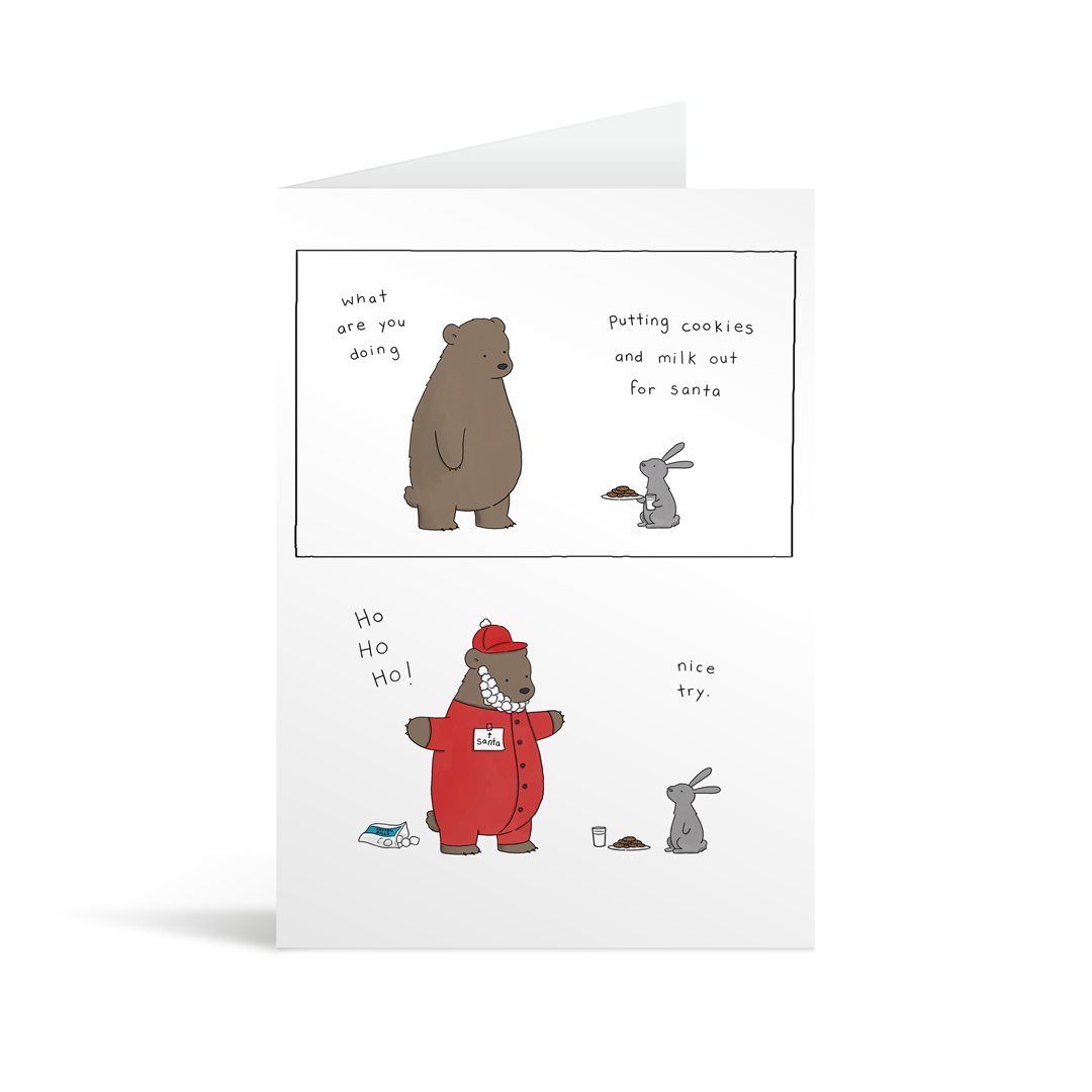 A comic style illustrated card featuring a cute brown bear and a rabbit preparing for christmas. The bear pretends to be santa claus in order to snag the treats the rabbit has made for him.