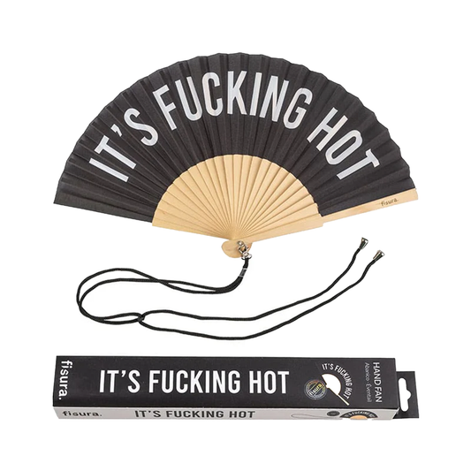 Opened black fan emblazoned with the words "It's fucking hot" above a matching stylish box.