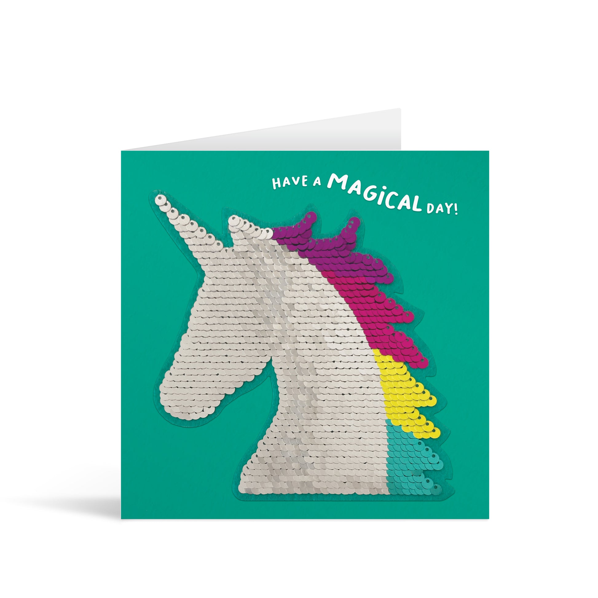 Green square greetings card with colourful shiny sequin unicorn reversible patch and fun, free-flowing text that reads "Have a Magical Day"