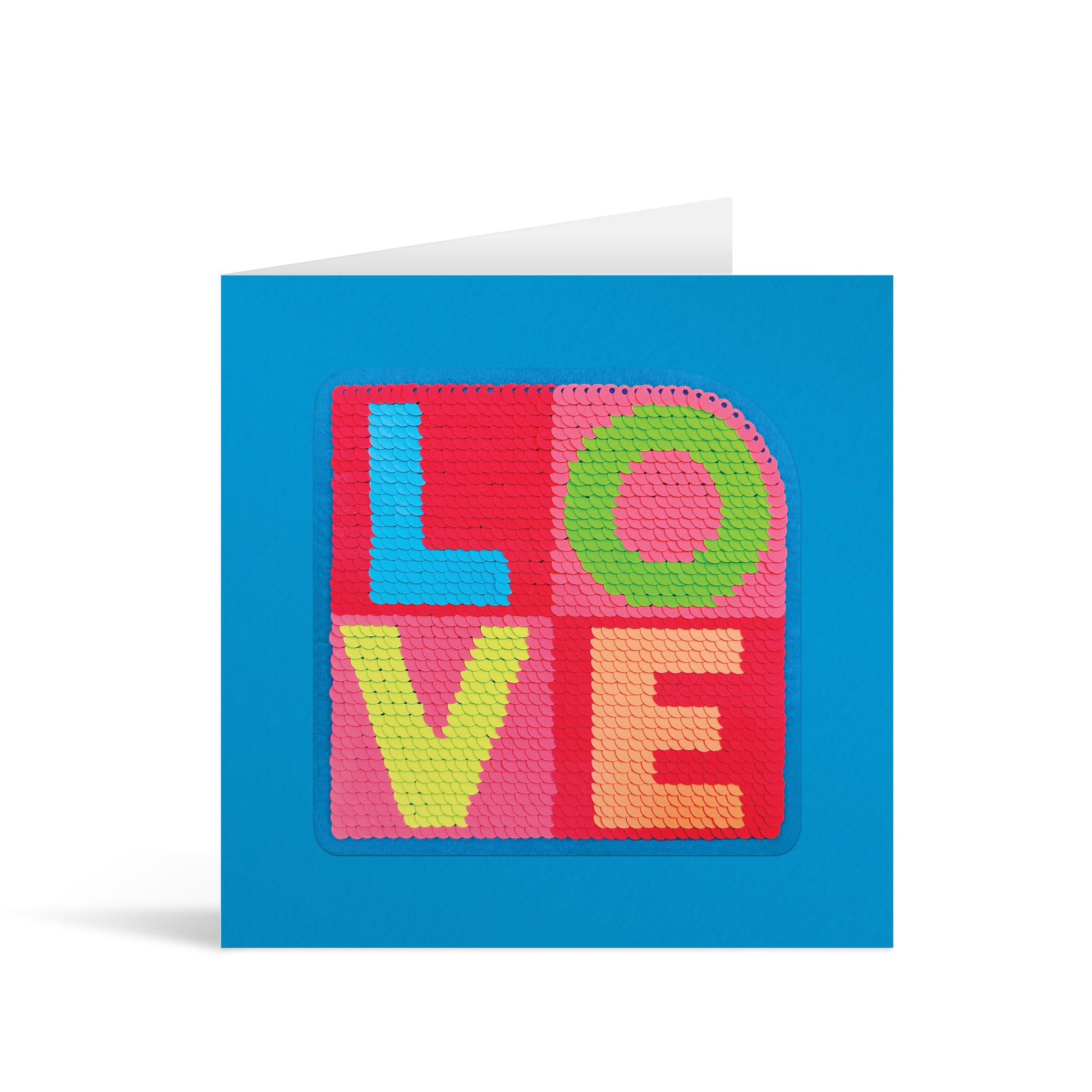 Blue square greetings card with colourful reversible sequin letter patch that reads "Love" in a square design with a single rounded corner
