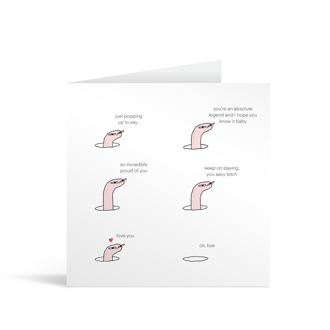 A white square comic style card with a cute worm popping up to give a motivational pep talk