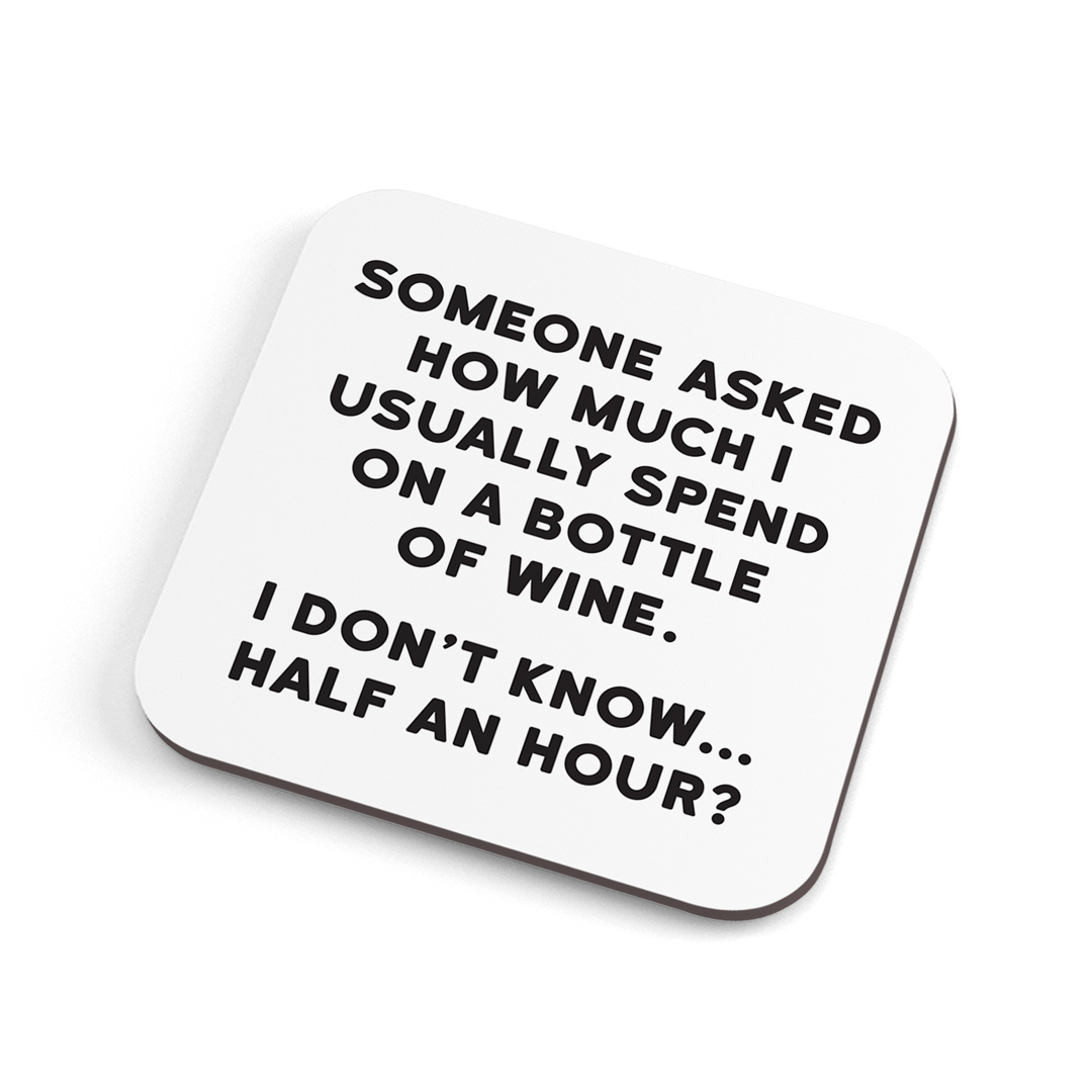 A white funny coaster with black text saying: "Things I hate about work: 1. Waking up, 2. People, 3. Working "