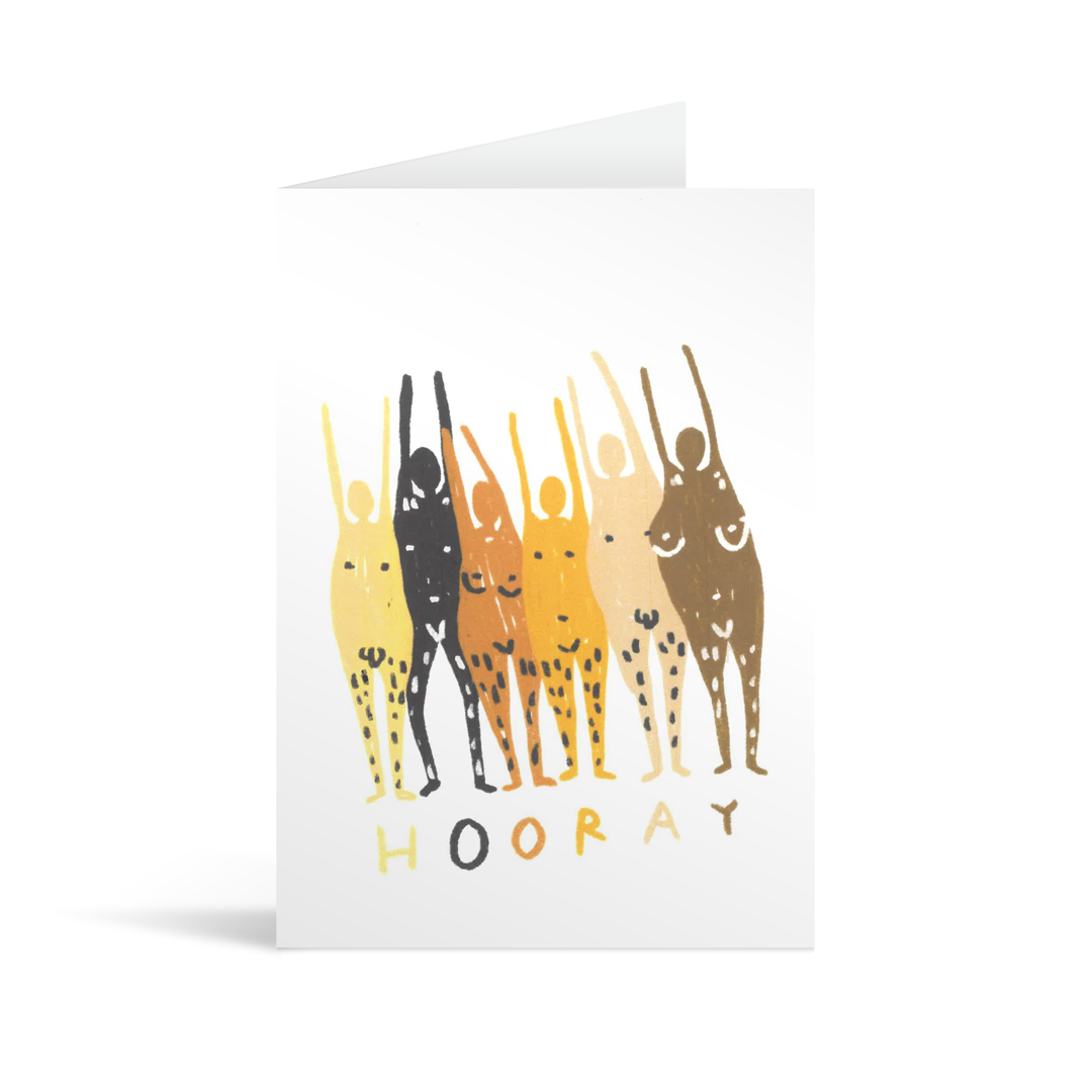 A quirky card with a fun illustration of several different naked bodies, all shapes, sizes and colours, with their hands in the air and the word "Hooray" printed underneath. 