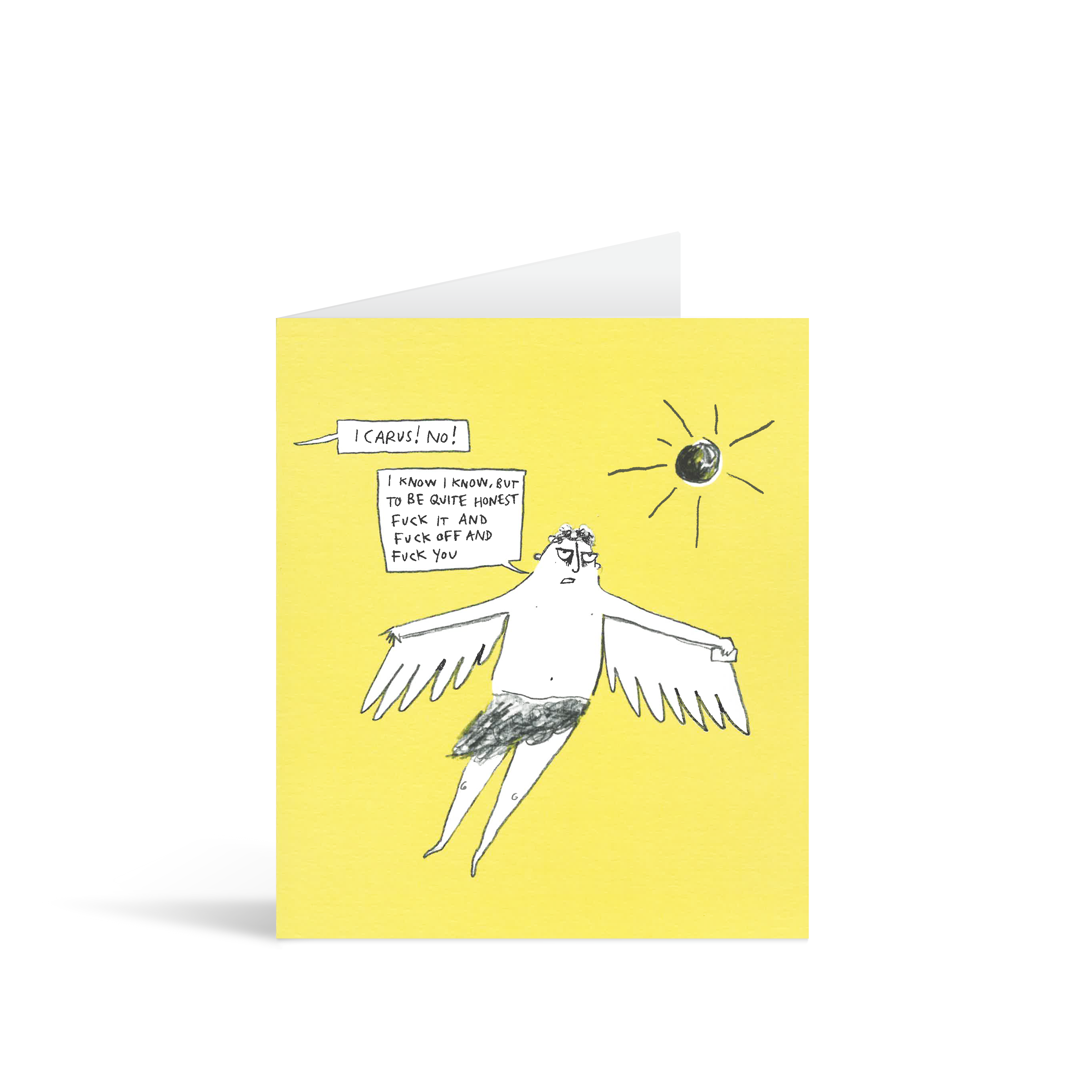 A pale yellow card with a humorous cartoon of Icarus flying too close to the sun with his wings. He doesn't take kindly to a parental warning.