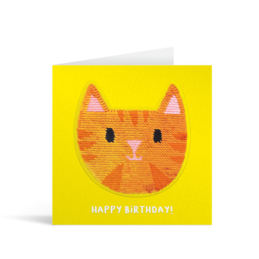 Yellow square greetings card with reversible sequin gniger cat patch and fun, free-flowing text that reads "Happy Birthday!"