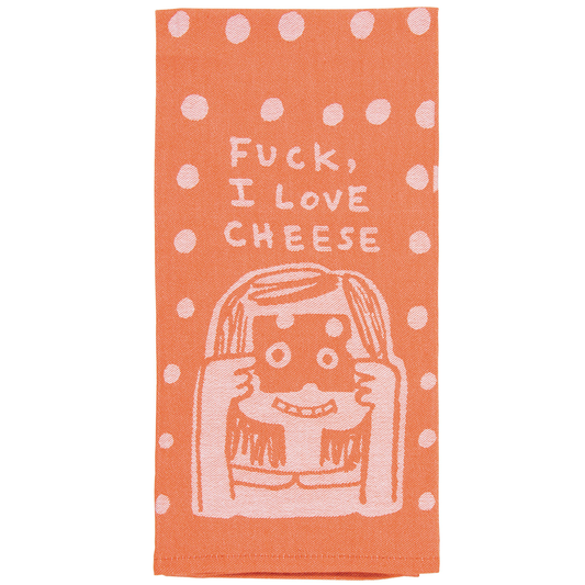 Orange tea towel or dish towel featuring a pink playful female character and a slice of cheese underneath the words "Fuck, I love cheese"