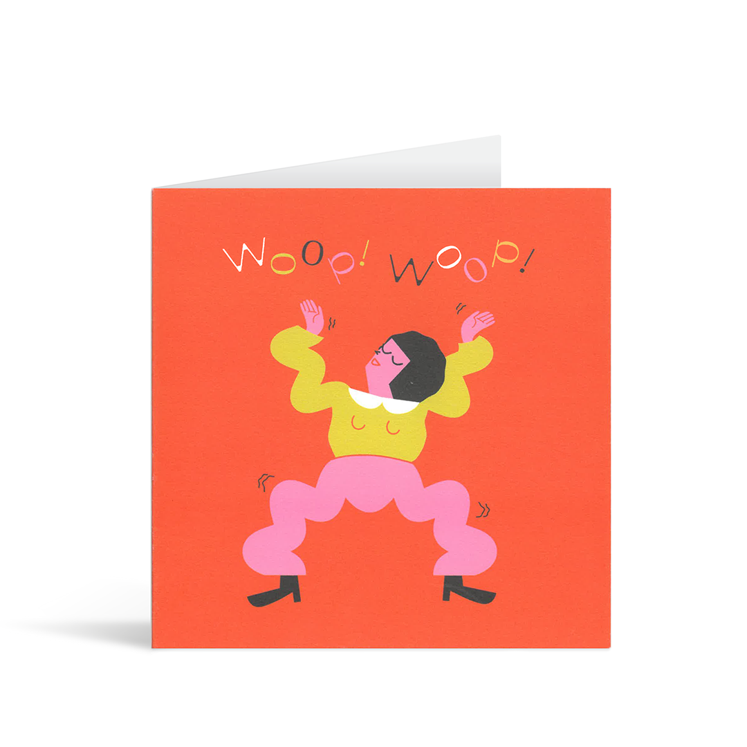 Contemporary red square card with a stylised illustration of a jiggly dancer and the words "Woop! Woop!" above