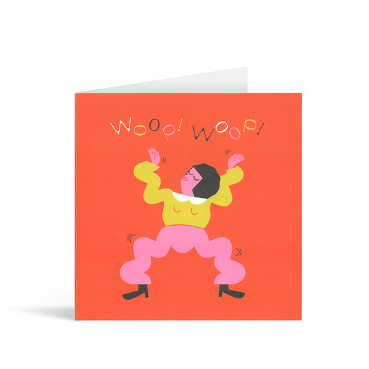 Contemporary red square card with a stylised illustration of a jiggly dancer and the words "Woop! Woop!" above