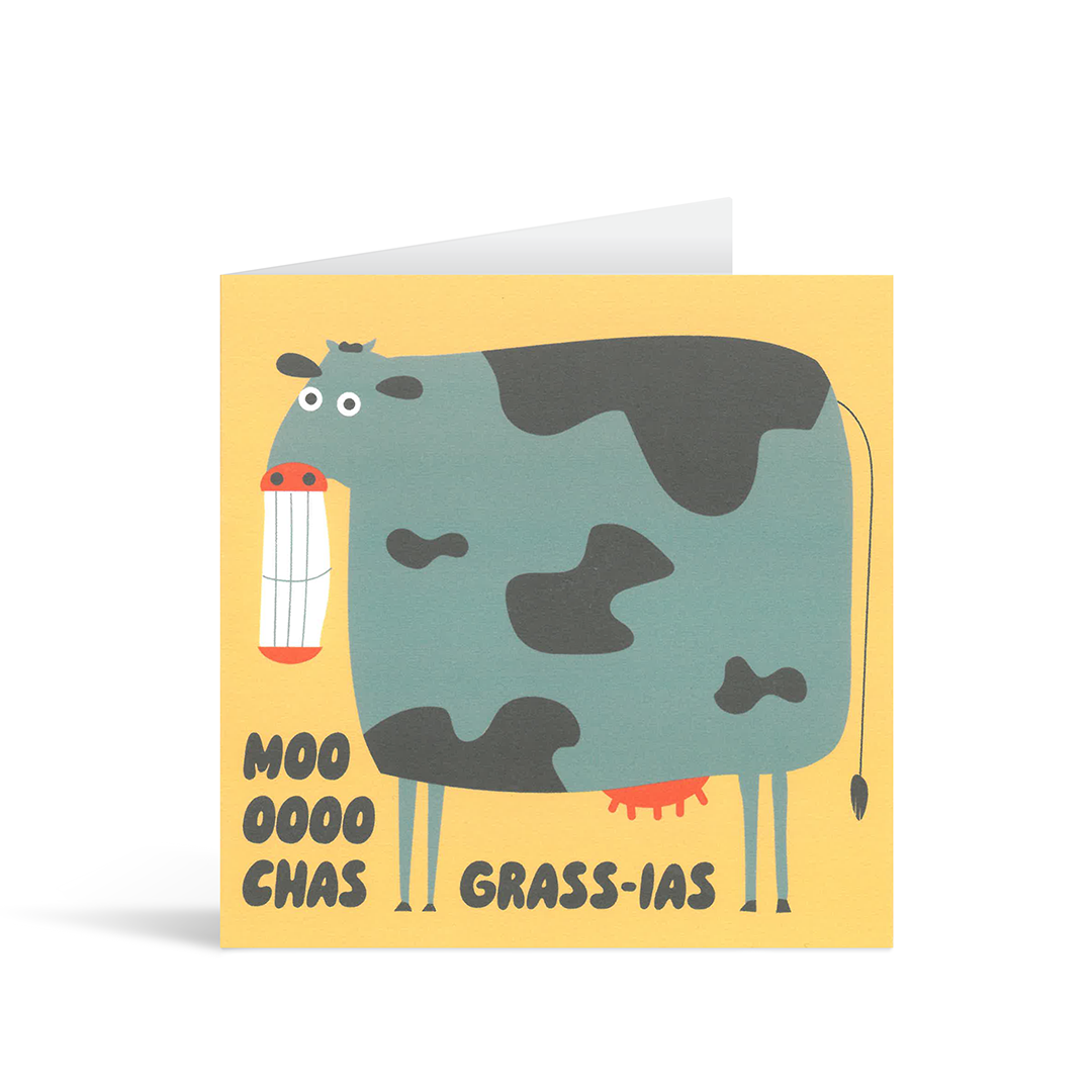 Contemporary square yellow thank you card with a funny drawing of a stylised cow with large smiling teeth and the words "Moooochas Grass-ias" 