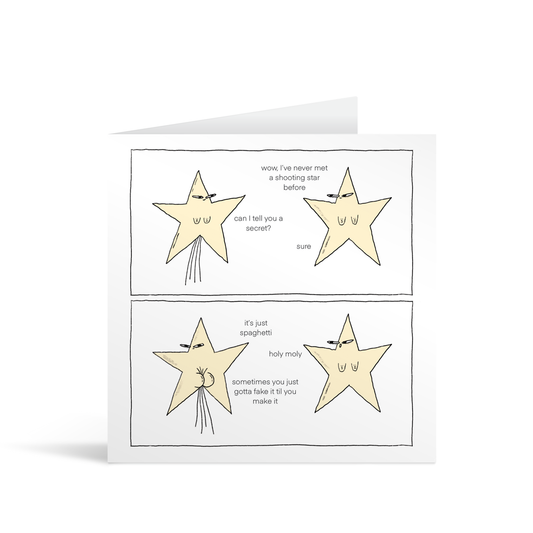 Comic strip style square card with two stars having a humourous conversation about faking it until you make it