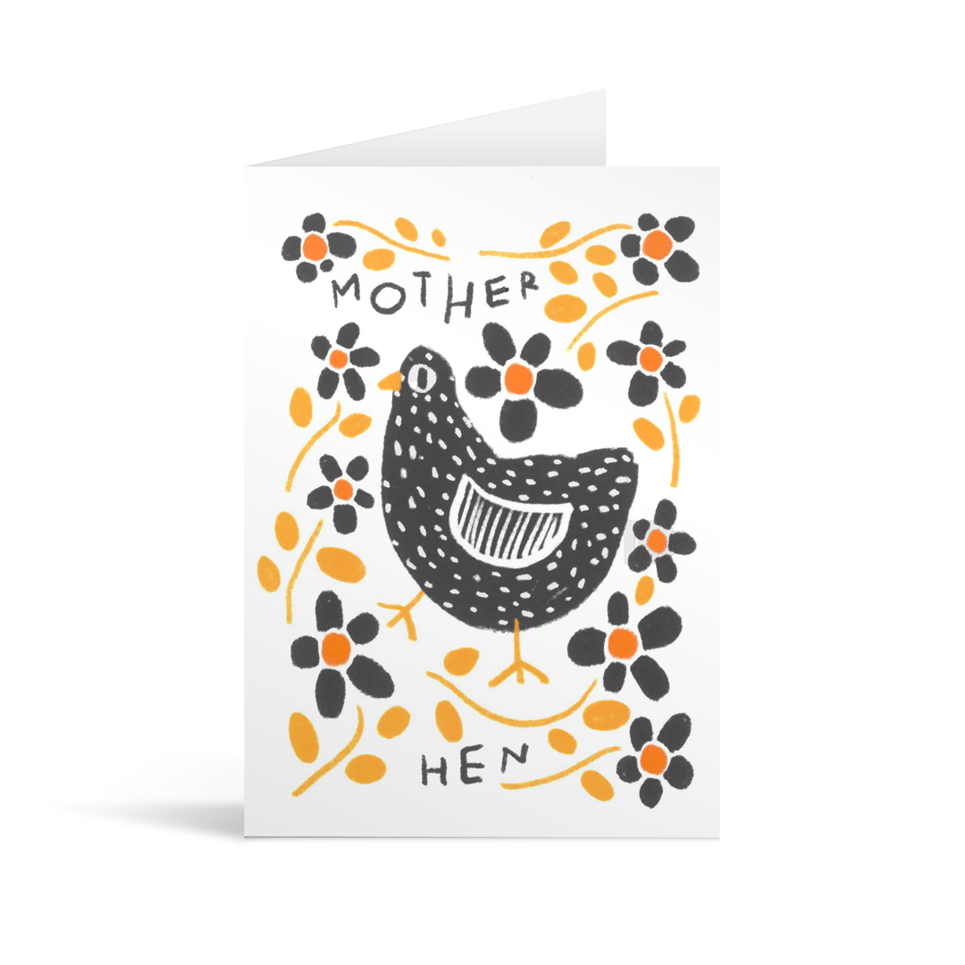 Card with cute hand drawn illustration of a contemporary stylised black hen surrounded by orange, yellow and black flowers interwoven with the words "mother hen"