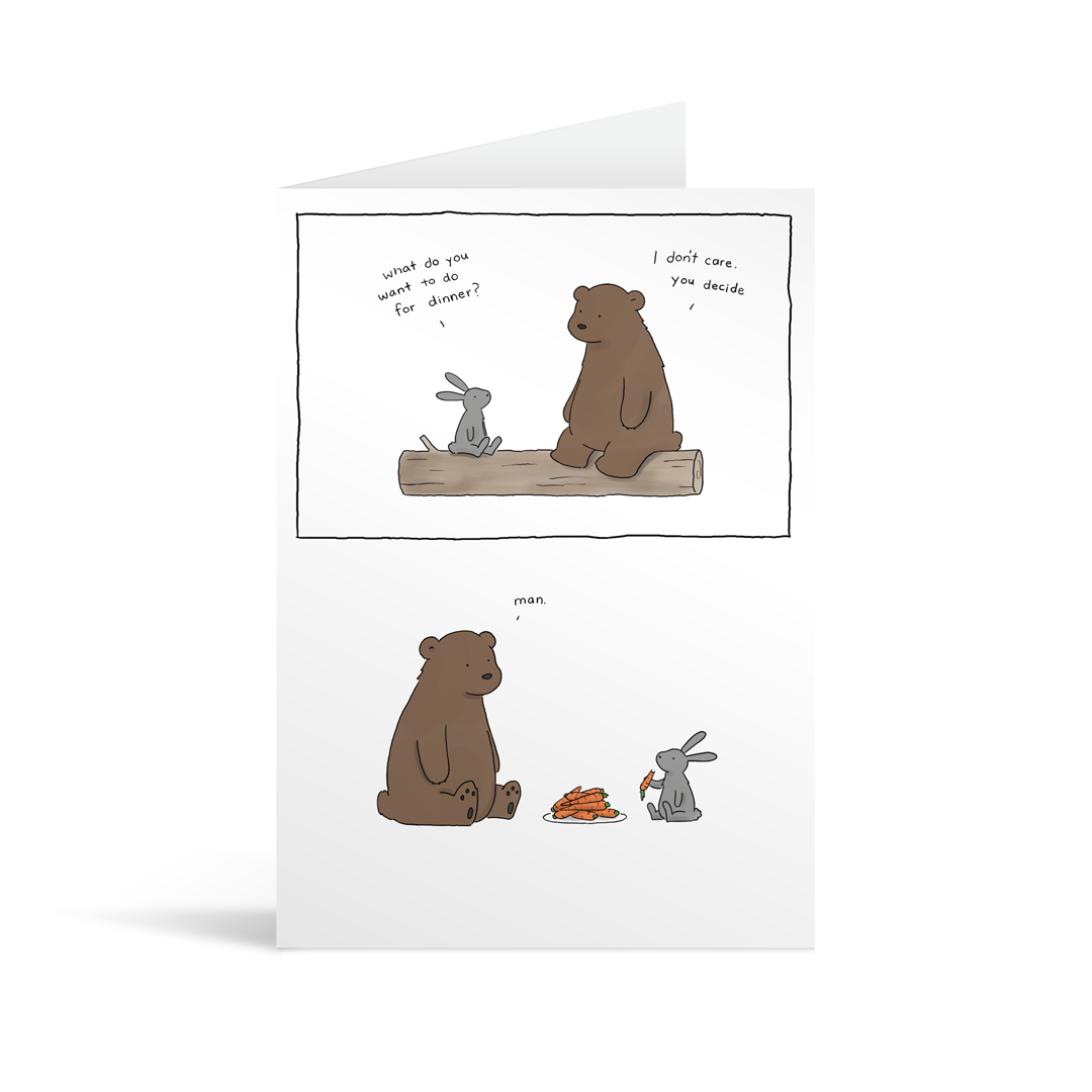 Comic strip style card with a funny coversation between a bear and a rabbit about what to have for dinner