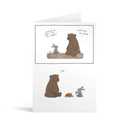 Comic strip style card with a funny coversation between a bear and a rabbit about what to have for dinner